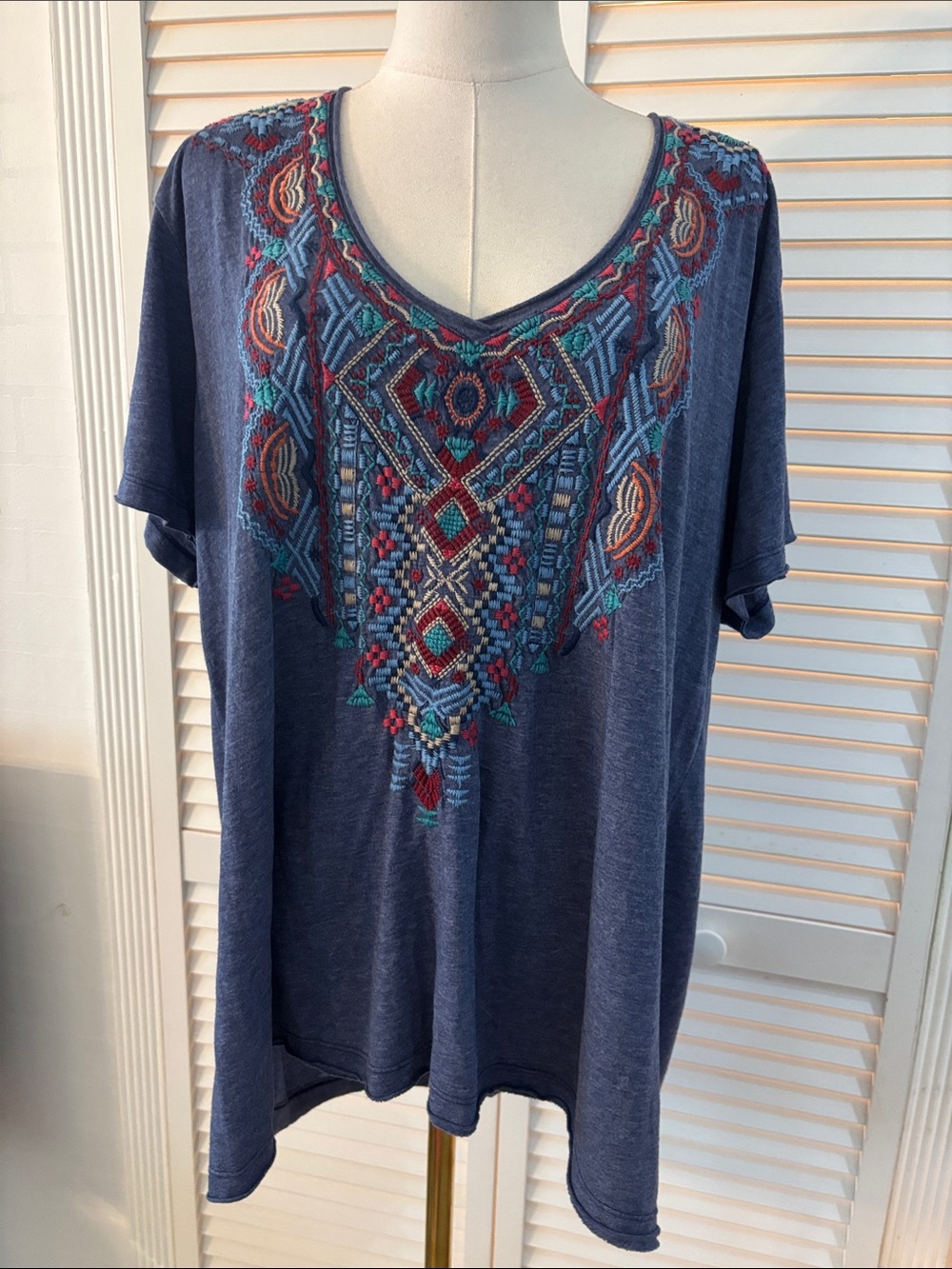 Johnny Was Blue Embroidered V-Neck Tunic Top, XL